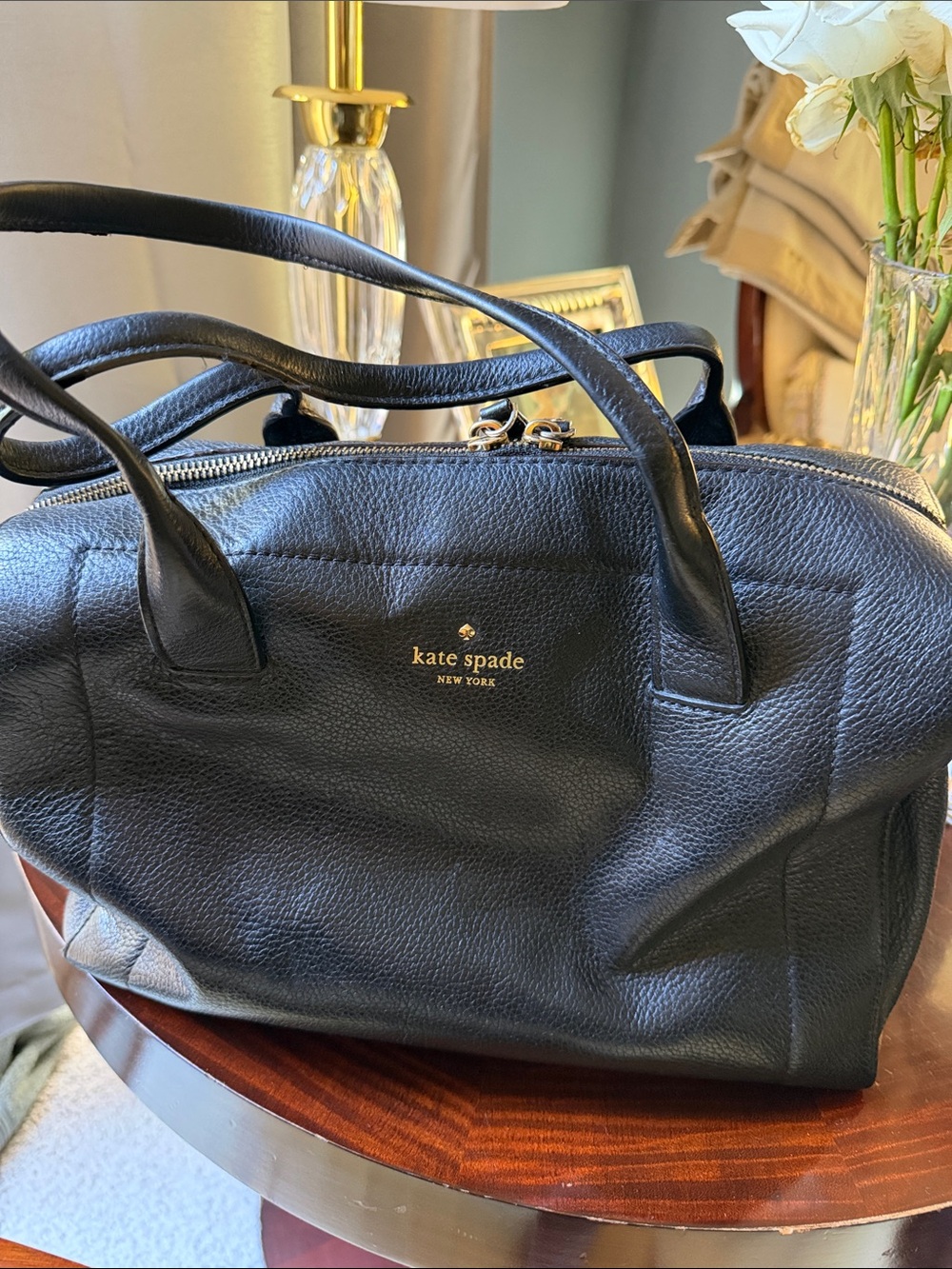 kate spade Black Pebbled Leather Satchel with Gold Logo, original KS design